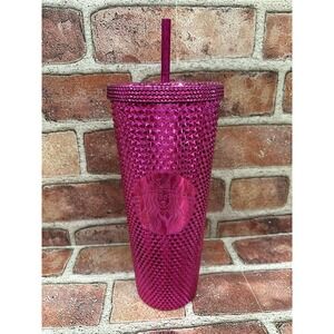 STARBUCKS 24oz SANGRIA STUDDED Pink METALLIC BLING TUMBLER WITH STRAW 2021